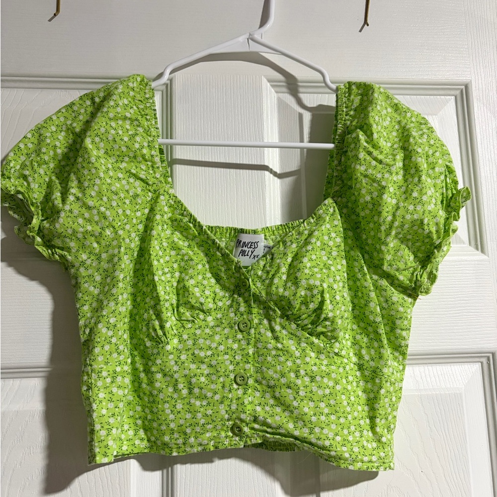 Princess Polly Neon Green Floral Puff Sleeve Crop Top